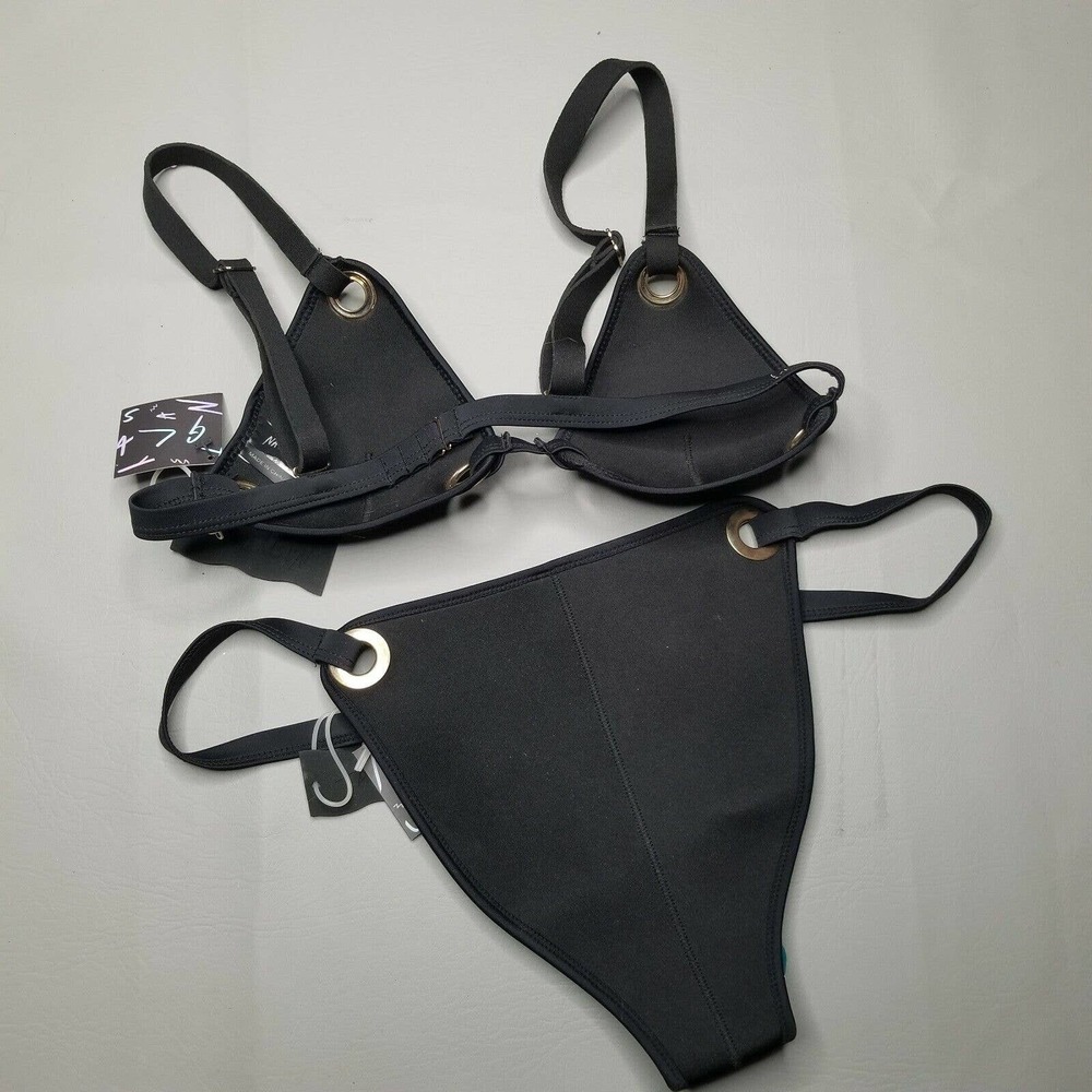 Nasty Gal black 2 pc bikini set womens large swimsuit scuba grommet in hot water - Picture 11 of 12